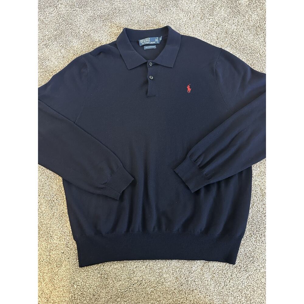 Polo Ralph Lauren Men's Navy Blue 100% Merino Wool Collared Pullover Sweater XL